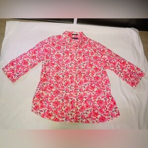 Lands’ End No Iron Supima Cotton Button Up Size L 3/4 Sleeve Vacation Twee Prep